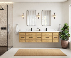 Charlotte 84 in. W x 22 in. D Floating Double Sink Bathroom Vanity in Natural Mindi Wood - photo 4