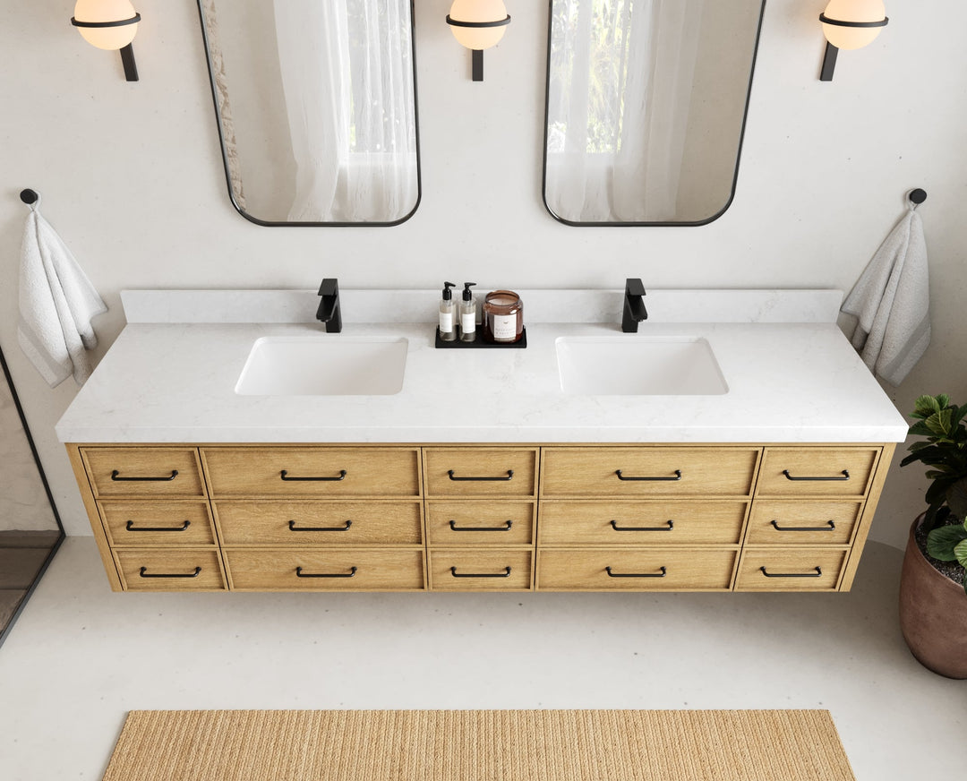 Charlotte 84 in. W x 22 in. D Floating Double Sink Bathroom Vanity in Natural Mindi Wood - Willow Bath and Vanity