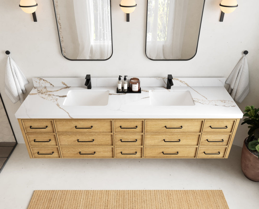 Charlotte 84 in. W x 22 in. D Floating Double Sink Bathroom Vanity in Natural Mindi Wood - Willow Bath and Vanity