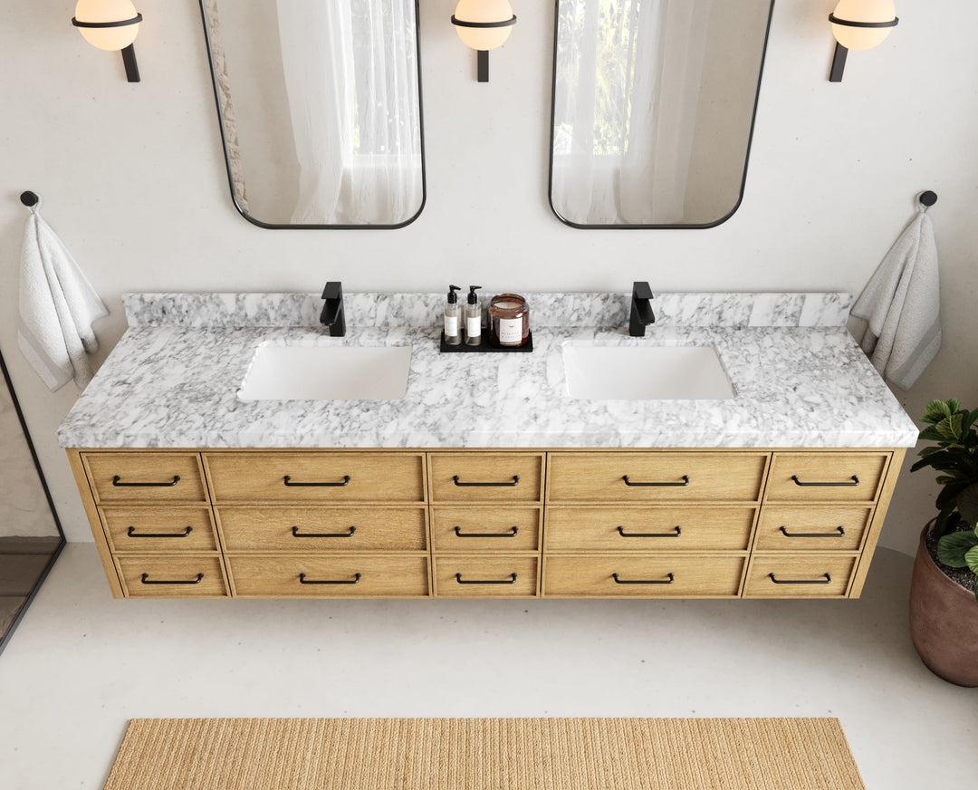 Charlotte 84 in. W x 22 in. D Floating Double Sink Bathroom Vanity in Natural Mindi Wood - Willow Bath and Vanity