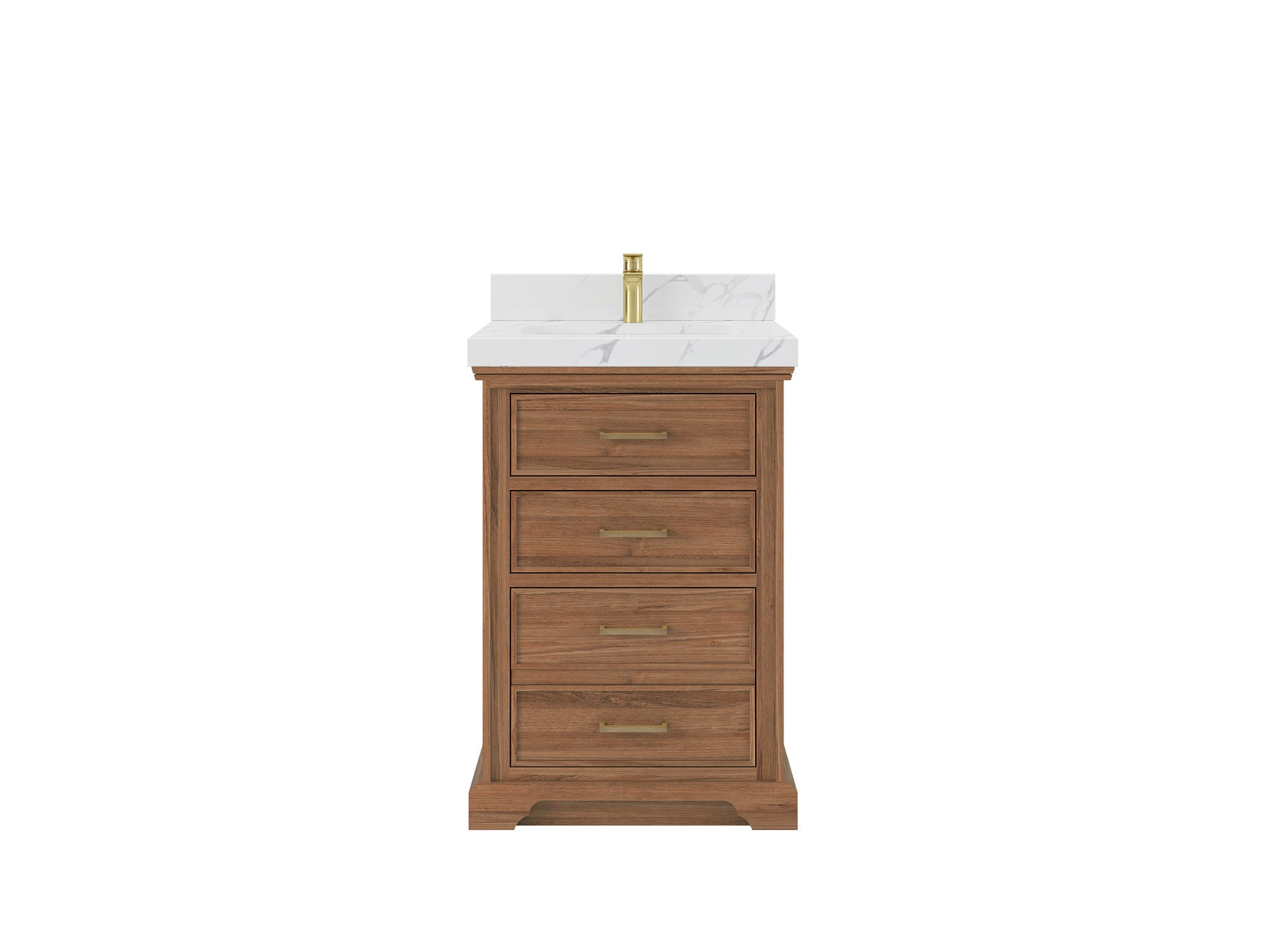 Charlotte Teak Wood 24-inch bathroom vanity with white veined countertop, front product view
