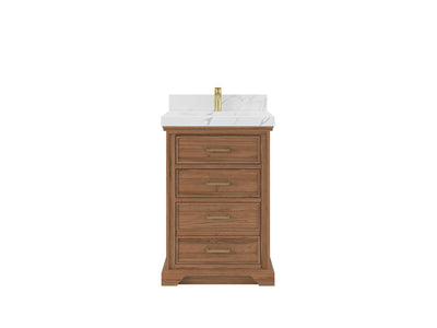 Charlotte Teak Wood 24-inch bathroom vanity with white veined countertop, front product view