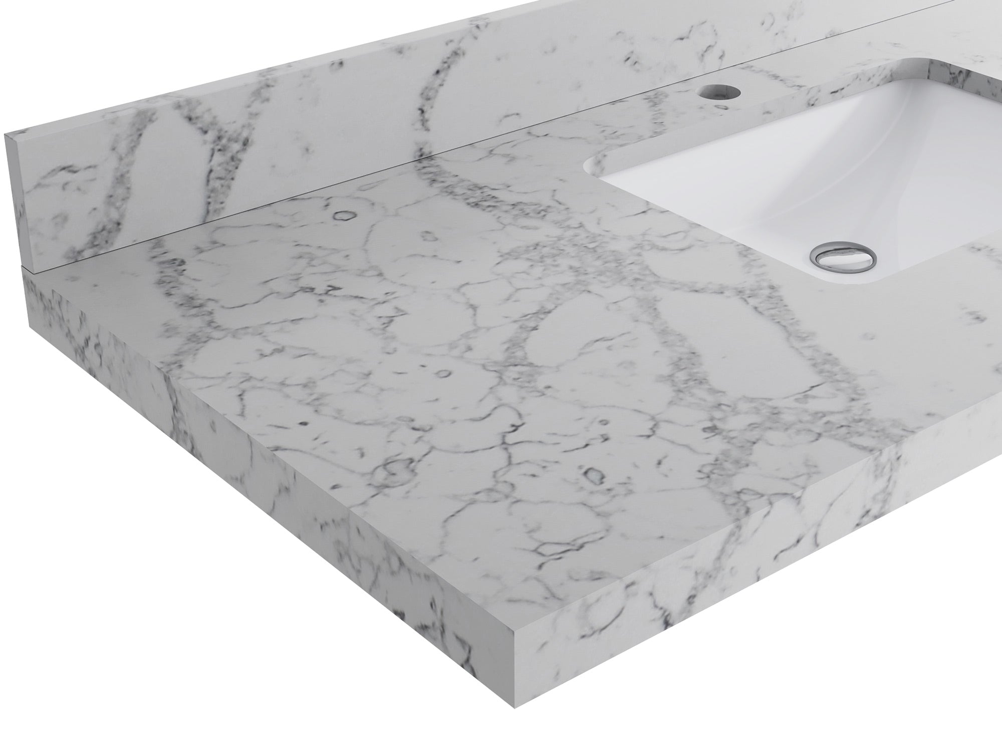 Chicago 24-inch vanity countertop with cloudy white and gray marble-style pattern, angled view