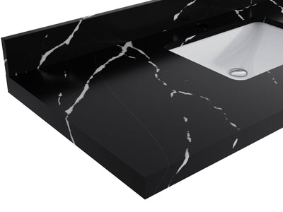 Chicago 24-inch vanity countertop with black surface and bold white veining, angled view
