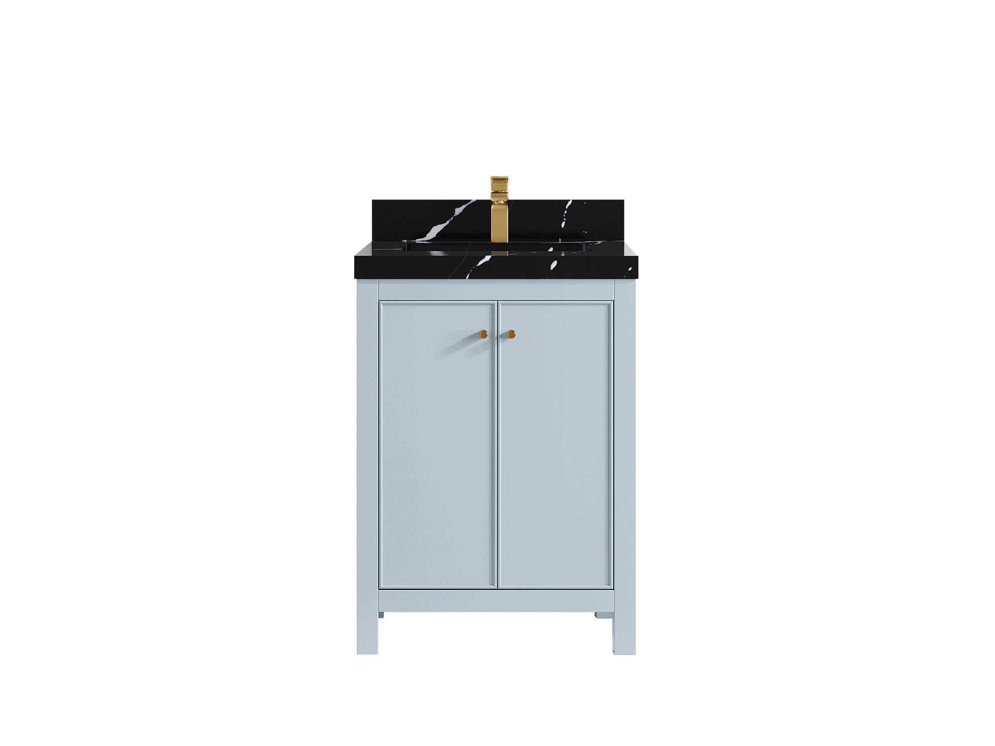 Chicago 24-inch bathroom vanity in Blue Heather with Calacatta Black Quartz countertop