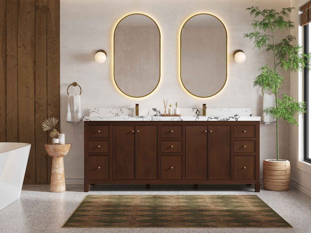 Chicago Teak 84 in. W x 22 in. D Double Sink Bathroom Vanity (Walnut) - Willow Bath and Vanity