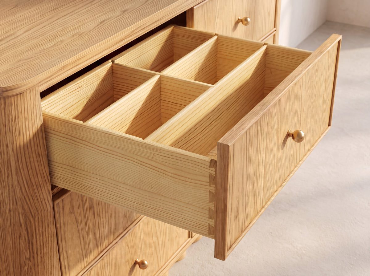 Orlando 50-Inch Dresser in Nordic White Oak — Top drawer organizer and joinery detail. Render for selection.
