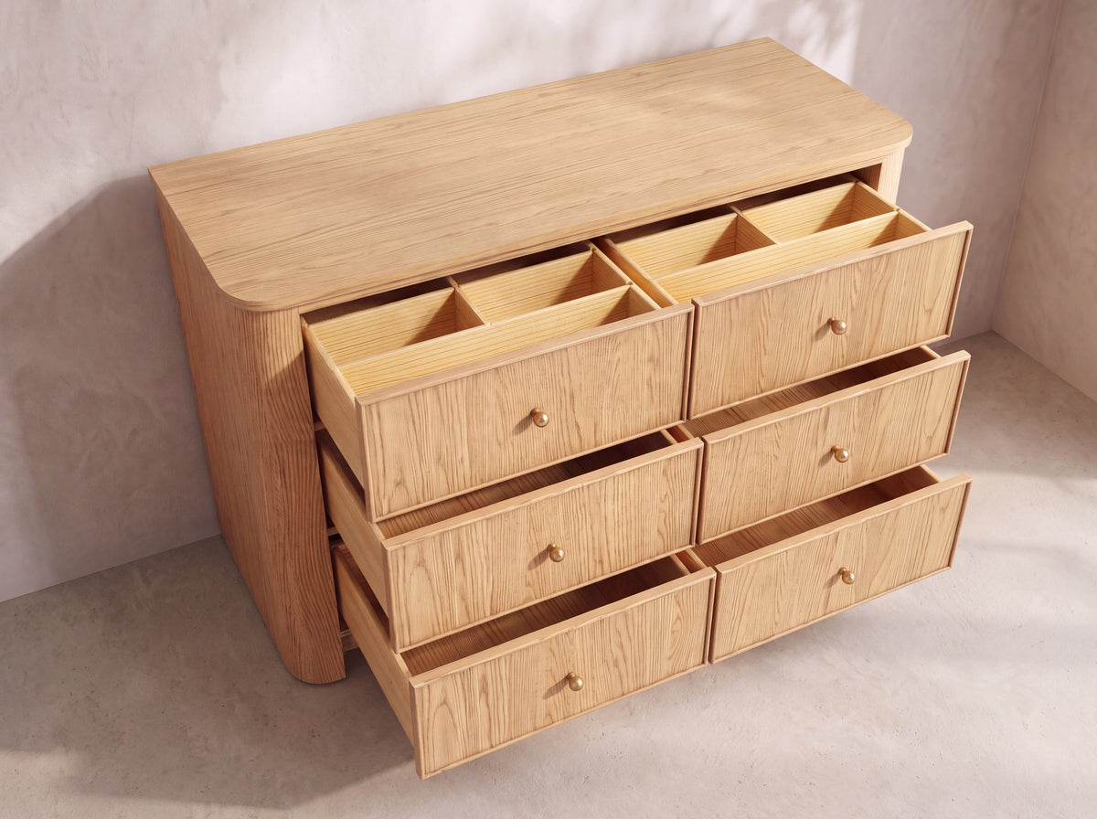 Orlando 50-Inch Dresser in Nordic White Oak — Six drawers open, elevated studio view. Render for selection.