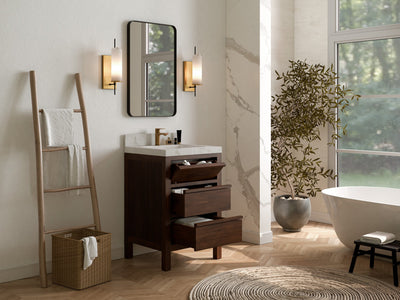 Elizabeth Teak Wood 24-inch bathroom vanity with three drawers open to show storage
