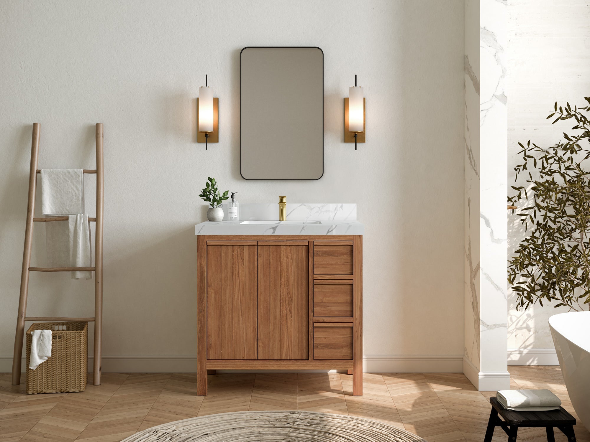 Elizabeth Teak Wood 36 in. W x 22 in. D Center Sink Bathroom Vanity - Willow Bath and Vanity