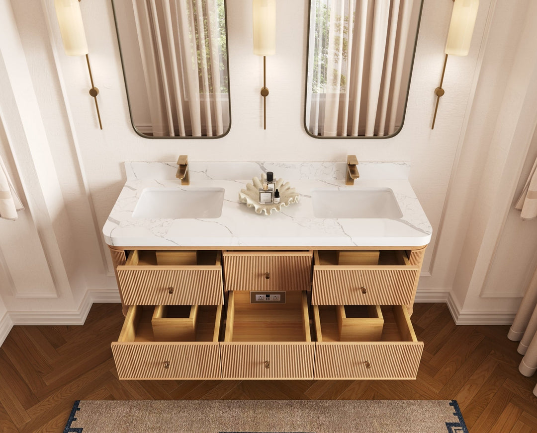 Hampton Floating White Oak 60 in. W x 22 in. D Double Sink Bathroom Vanity - Willow Bath and Vanity