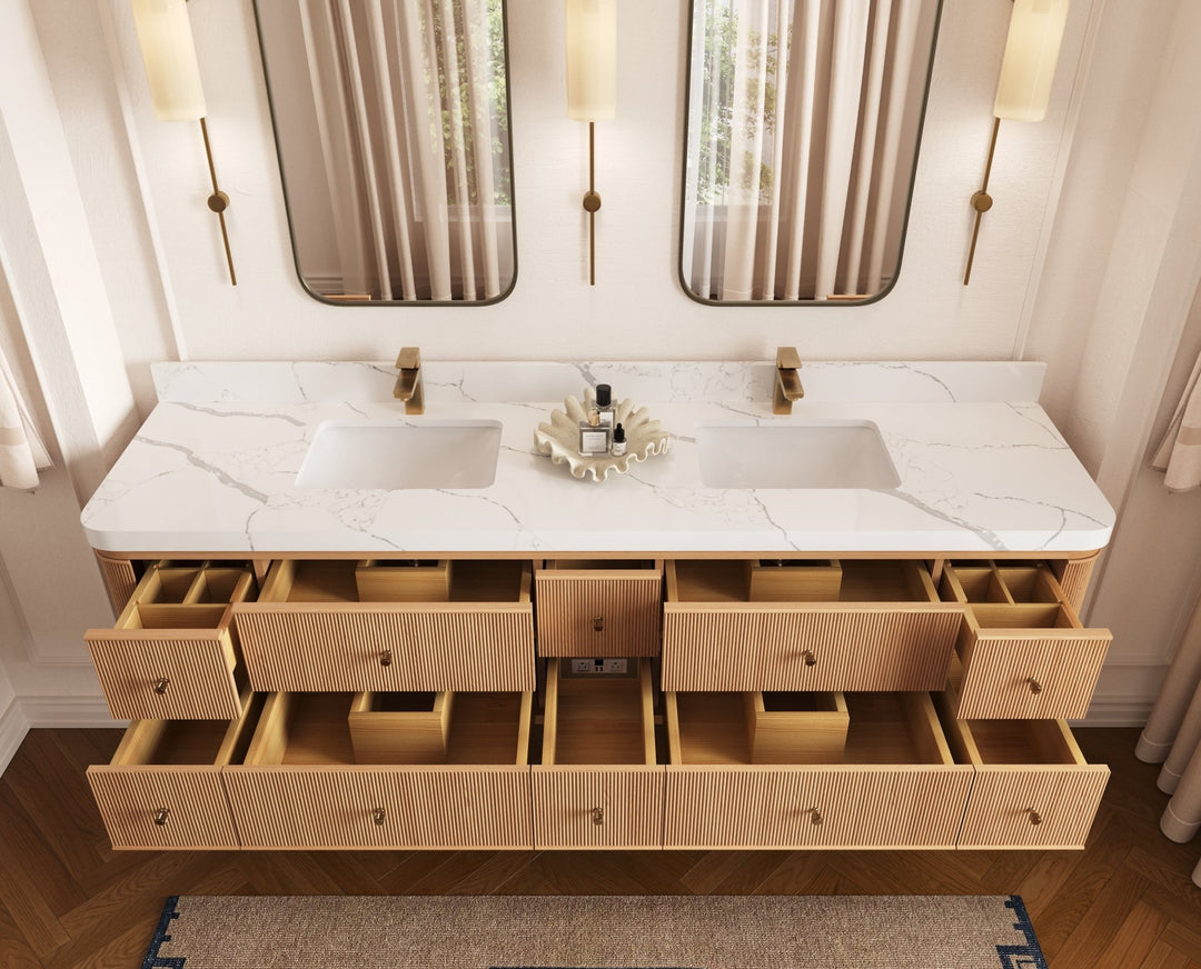 Hampton Floating White Oak 84 in. W x 22 in. D Double Sink Bathroom Vanity - Willow Bath and Vanity