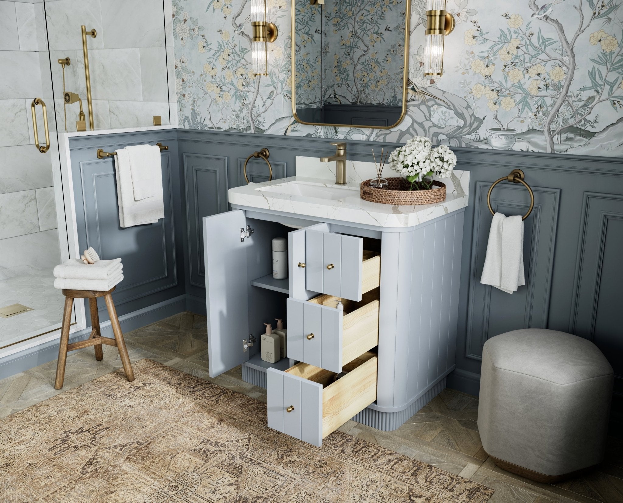 Houston 36 in. W x 22 in. D Free Standing Curved Edge Left Offset Sink Bathroom Vanity - Willow Bath and Vanity