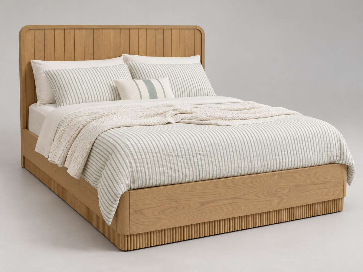 Houston Bed in Nordic White Oak — rendered higher front-left studio view. Mattress, bedding and other furnishings not included.