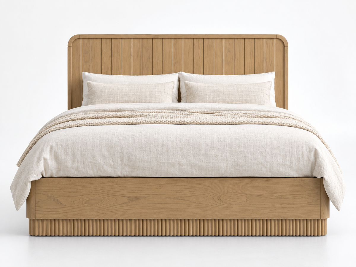 Houston Bed in Nordic White Oak — rendered straight front white studio view. Mattress, bedding and other furnishings not included.