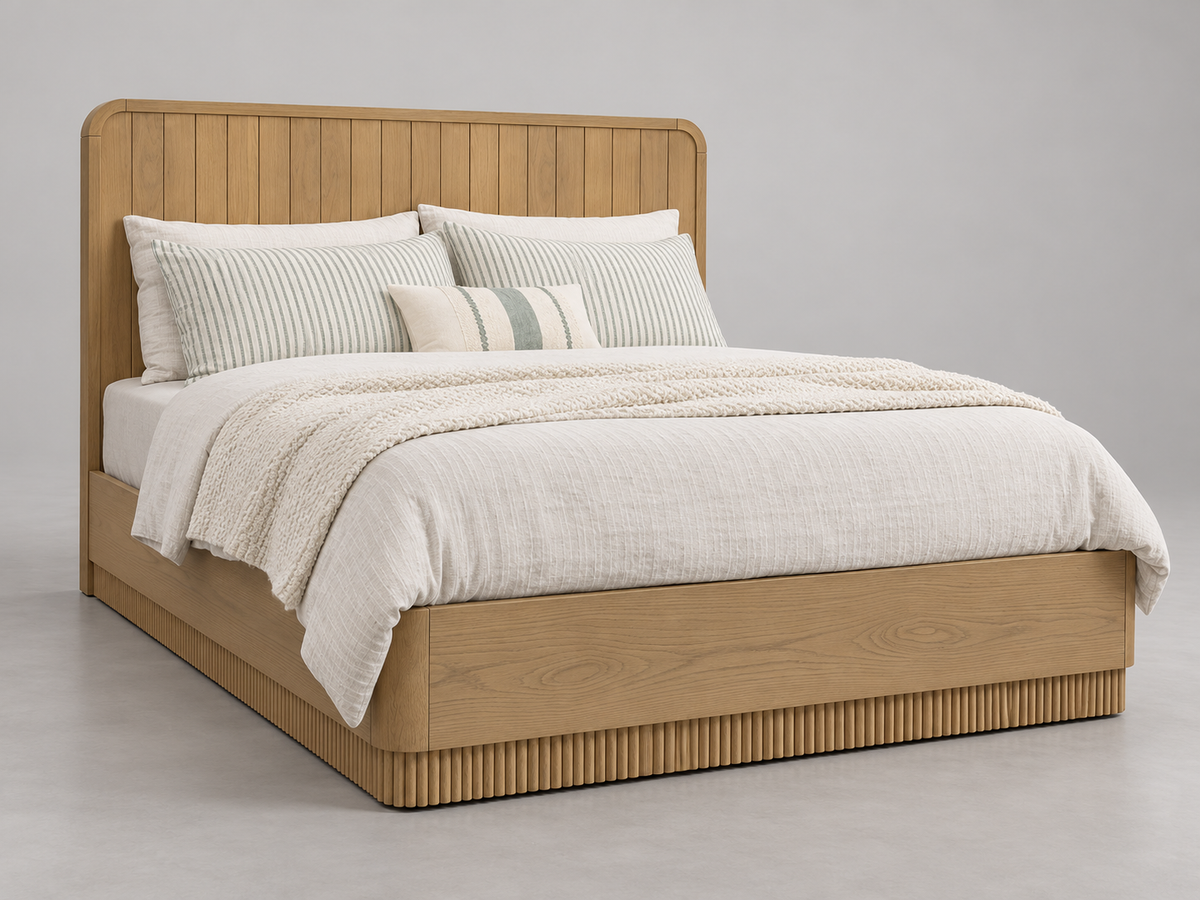 Houston Bed in Nordic White Oak — rendered left three-quarter studio view. Mattress, bedding and other furnishings not included.