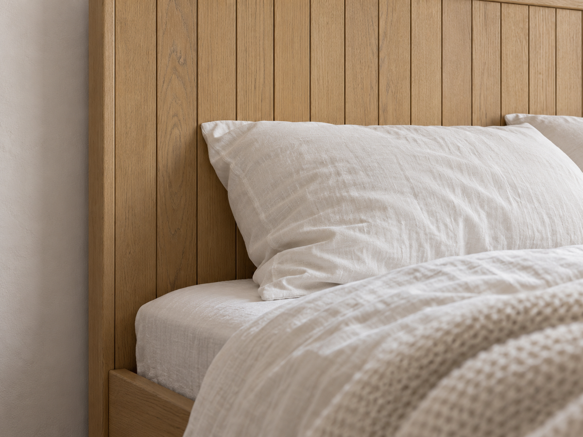Houston Bed in Nordic White Oak — rendered headboard and pillow close view. Mattress, bedding and other furnishings not included.