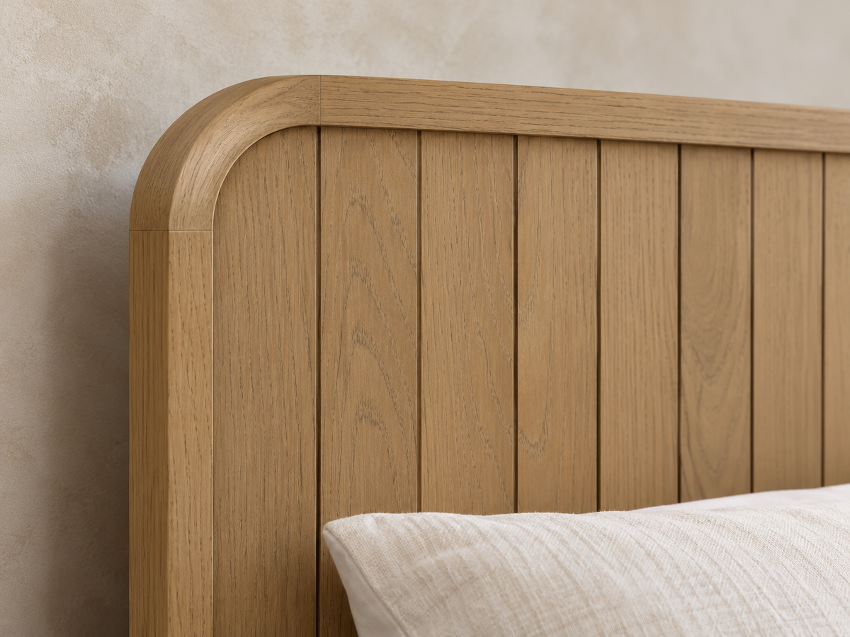 Houston Bed in Nordic White Oak — rendered rounded headboard corner detail. Mattress, bedding and other furnishings not included.