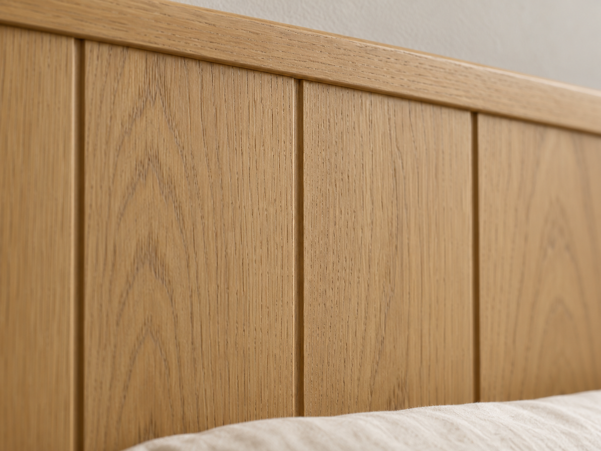 Houston Bed in Nordic White Oak — rendered headboard panel and oak-grain macro. Mattress, bedding and other furnishings not included.