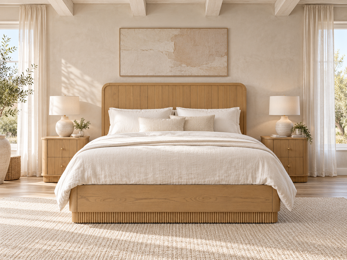 Houston Bed in Nordic White Oak — rendered airy linen bedroom, straight front view. Mattress, bedding and other furnishings not included.