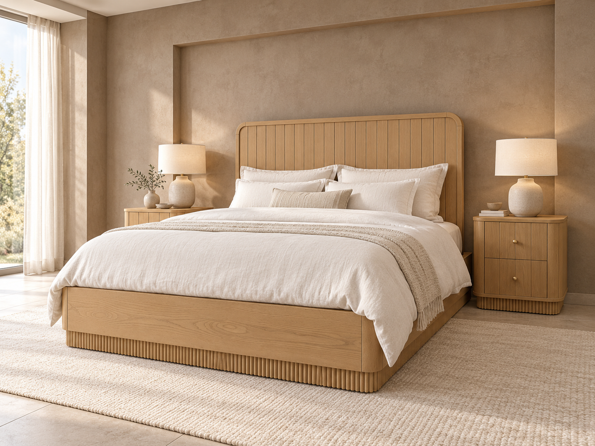 Houston Bed in Nordic White Oak — rendered taupe contemporary bedroom. Mattress, bedding and other furnishings not included.