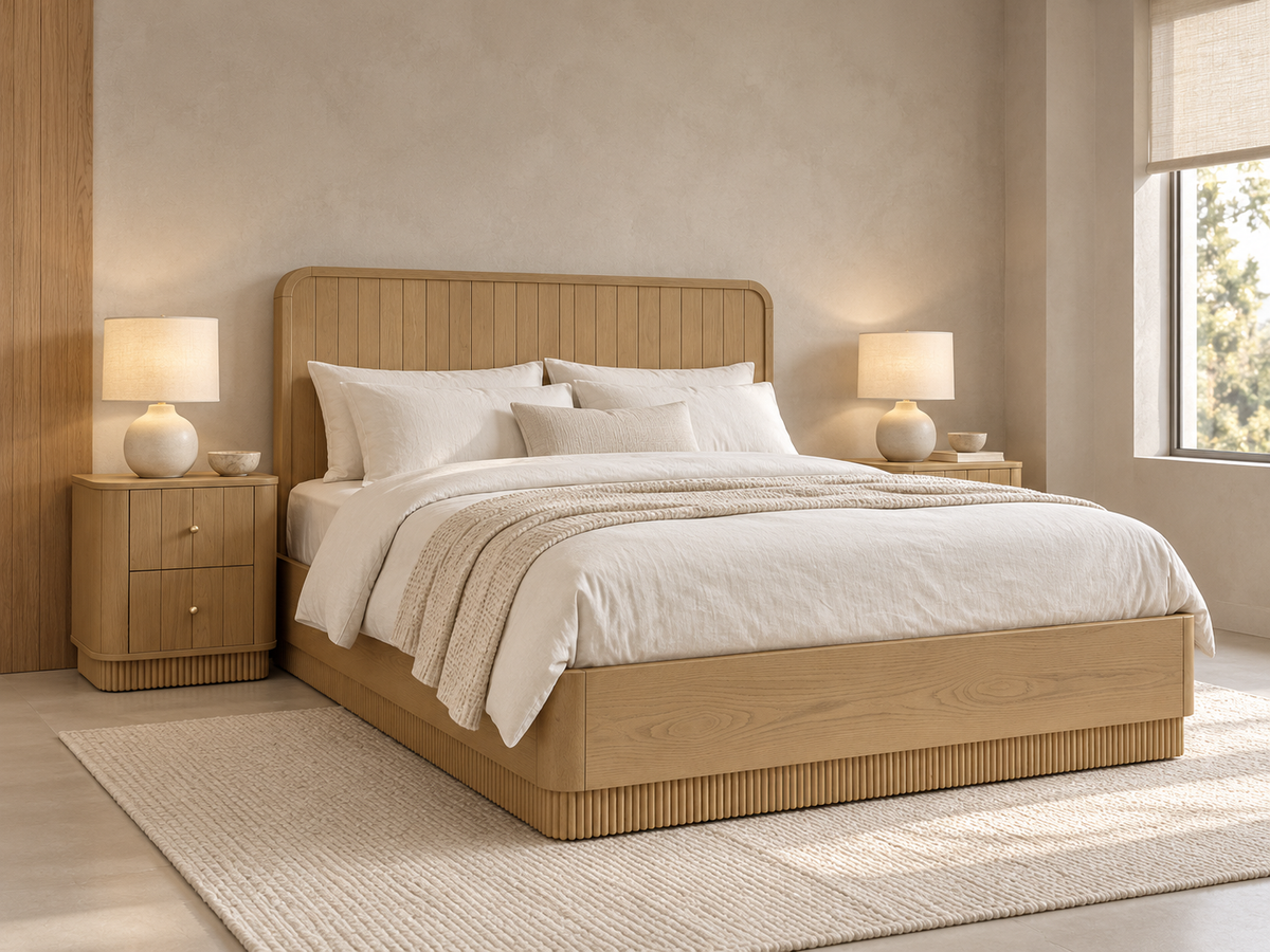 Houston Bed in Nordic White Oak — rendered restrained wood and plaster bedroom. Mattress, bedding and other furnishings not included.