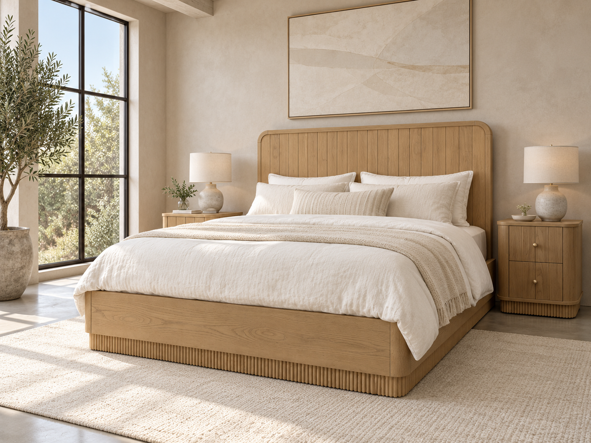 Houston Bed in Nordic White Oak — rendered sunlit loft bedroom. Mattress, bedding and other furnishings not included.