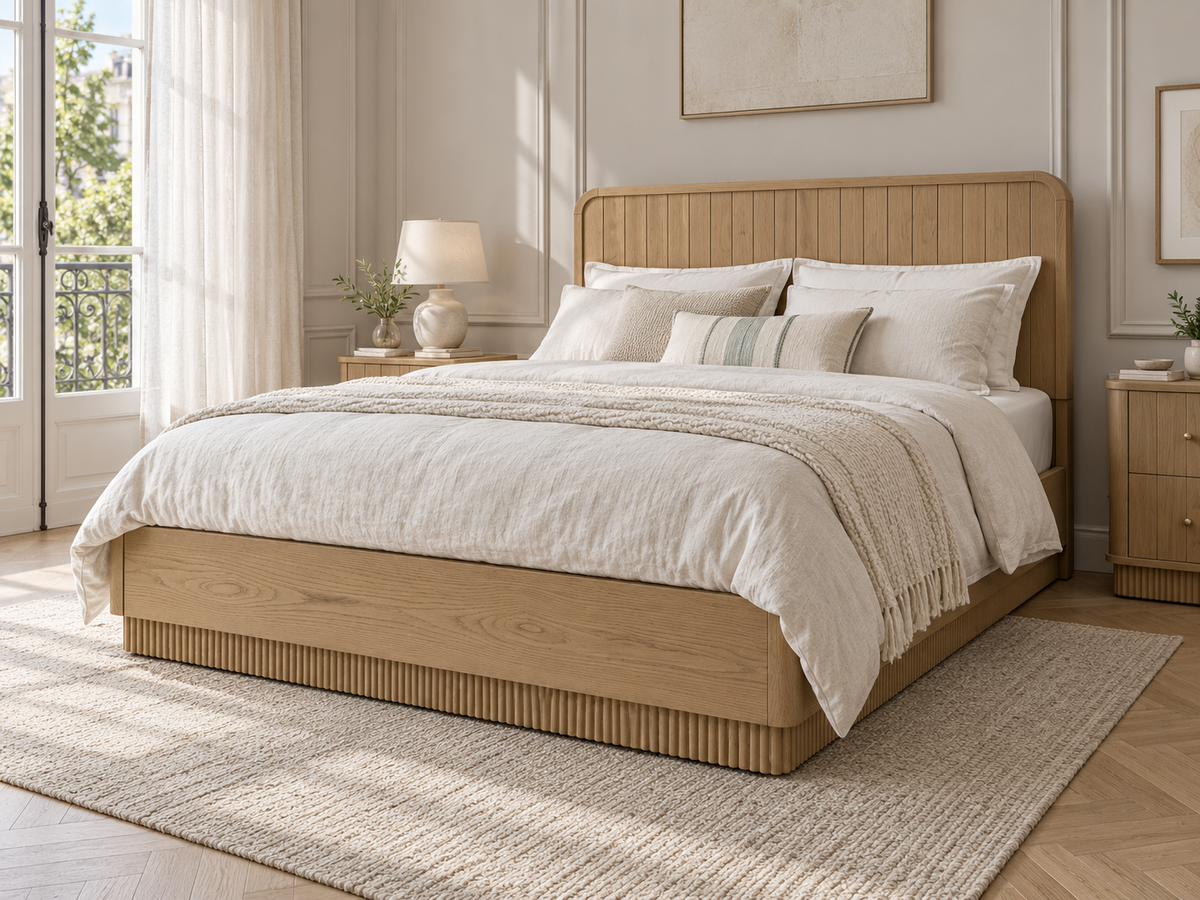Houston Bed in Nordic White Oak — rendered neutral bedroom with wall mouldings. Mattress, bedding and other furnishings not included.