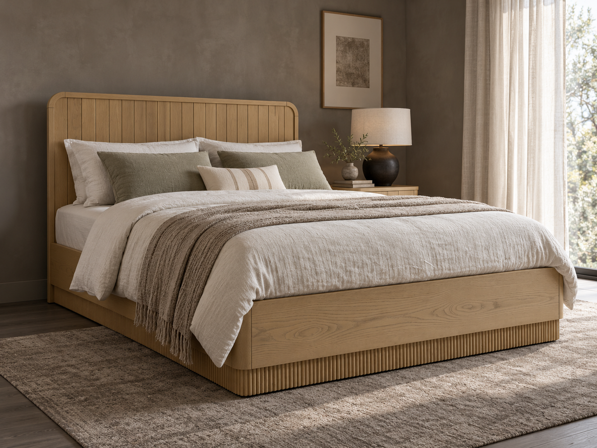 Houston Bed in Nordic White Oak — rendered deep greige bedroom. Mattress, bedding and other furnishings not included.