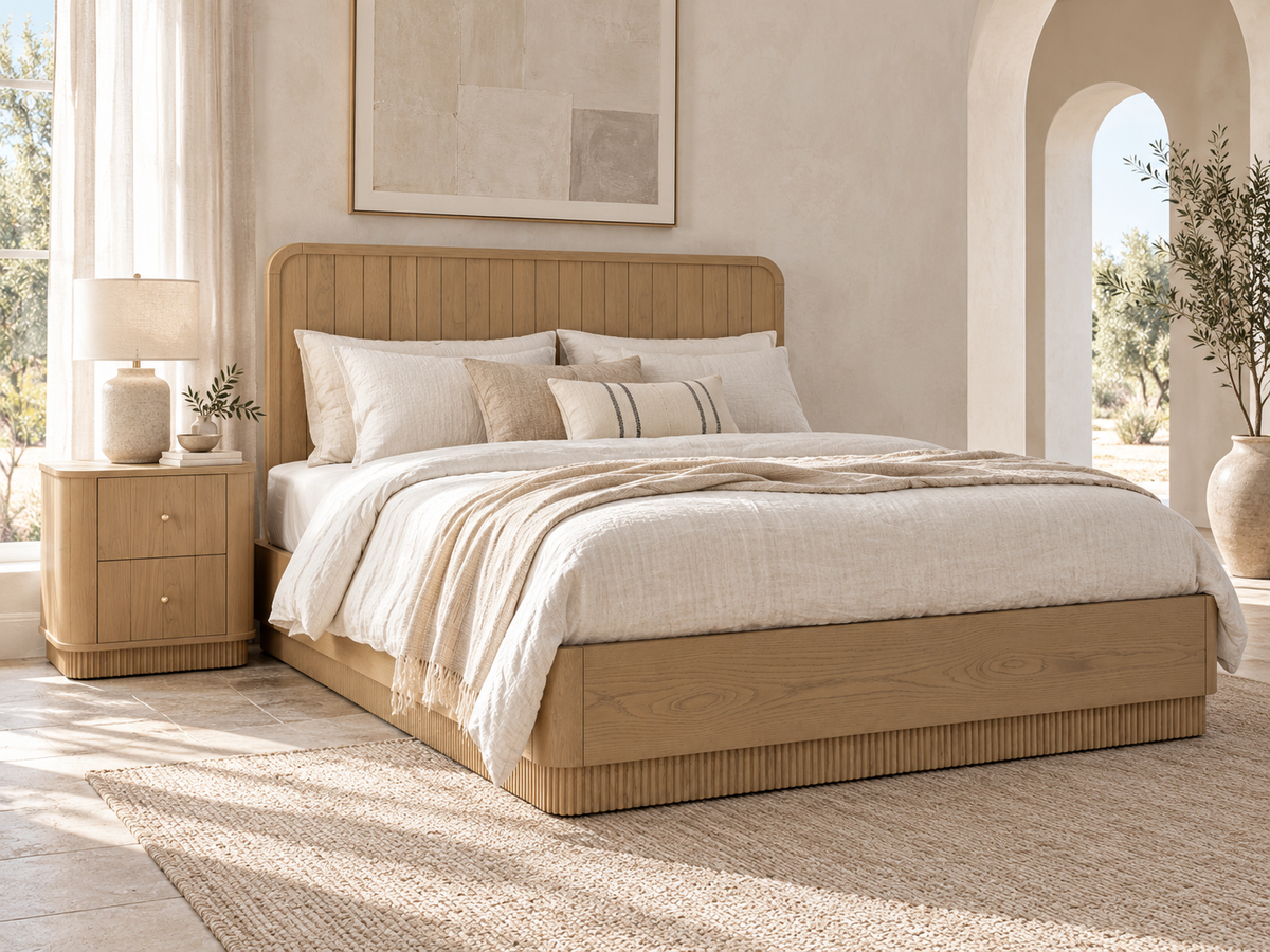 Houston Bed in Nordic White Oak — rendered Mediterranean limewash bedroom. Mattress, bedding and other furnishings not included.
