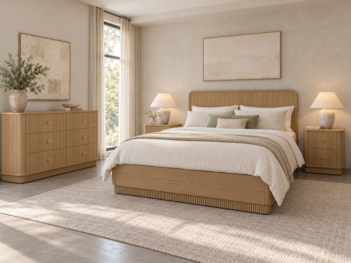 Houston Bed in Nordic White Oak — rendered bedroom with coordinating nightstands and six-drawer dresser. Mattress, bedding and other furnishings not included.