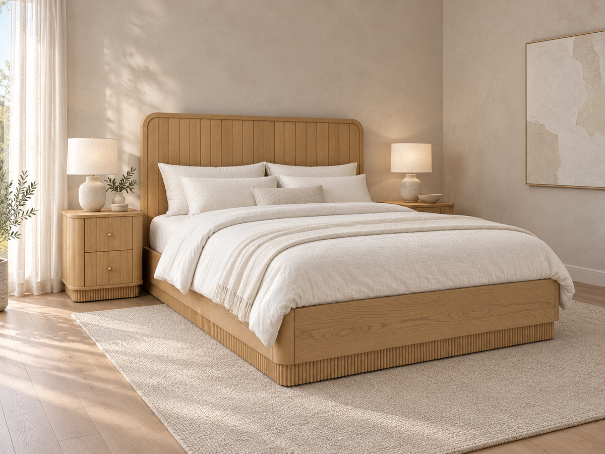 Houston Bed in Nordic White Oak — rendered light limewash bedroom, front-left three-quarter view. Mattress, bedding and other furnishings not included.