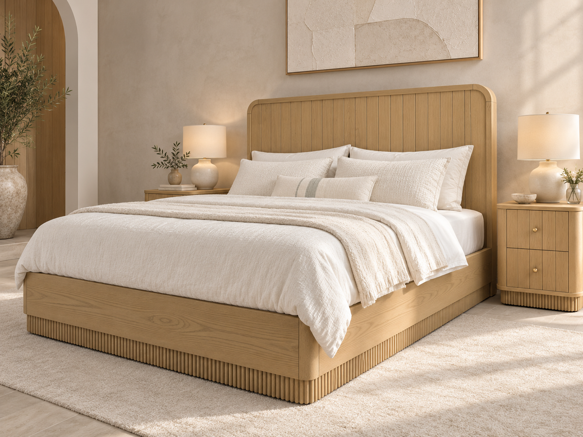 Houston Bed in Nordic White Oak — rendered light limewash bedroom, front-right three-quarter view. Mattress, bedding and other furnishings not included.