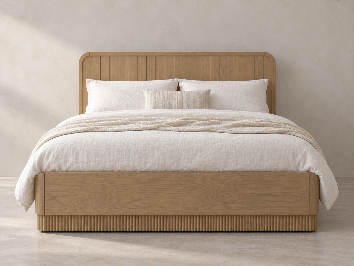 Houston Bed in Nordic White Oak — rendered minimal limewash backdrop, straight front view. Mattress and bedding not included.