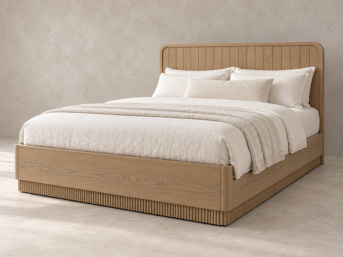 Houston Bed in Nordic White Oak — rendered minimal limewash backdrop, three-quarter view. Mattress and bedding not included.
