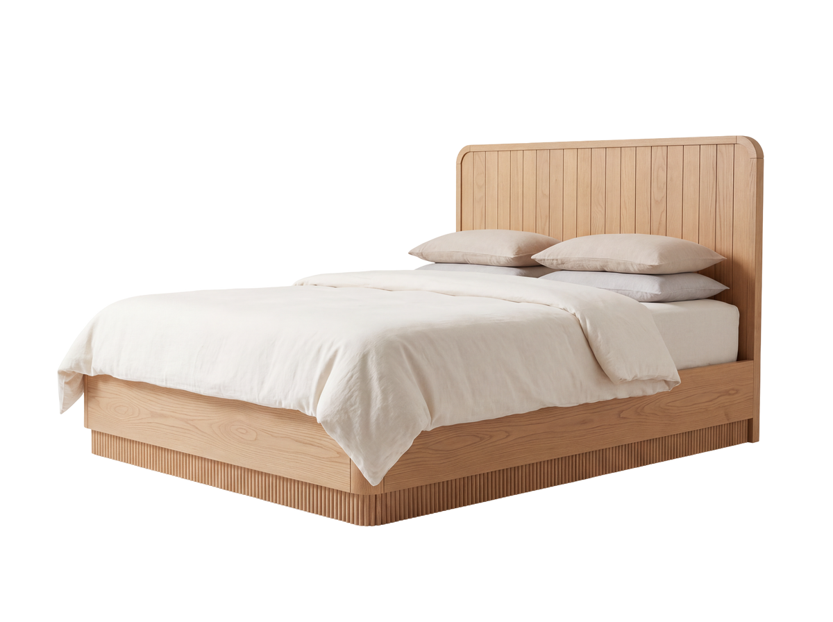 Houston Bed in Nordic White Oak — rounded panel headboard and reeded base, clean studio view. Mattress and bedding not included.