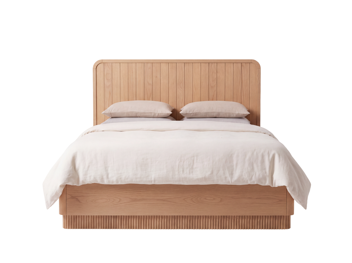 Houston Bed in Nordic White Oak — straight front view, rounded headboard and continuous reeded base. Mattress and bedding not included.