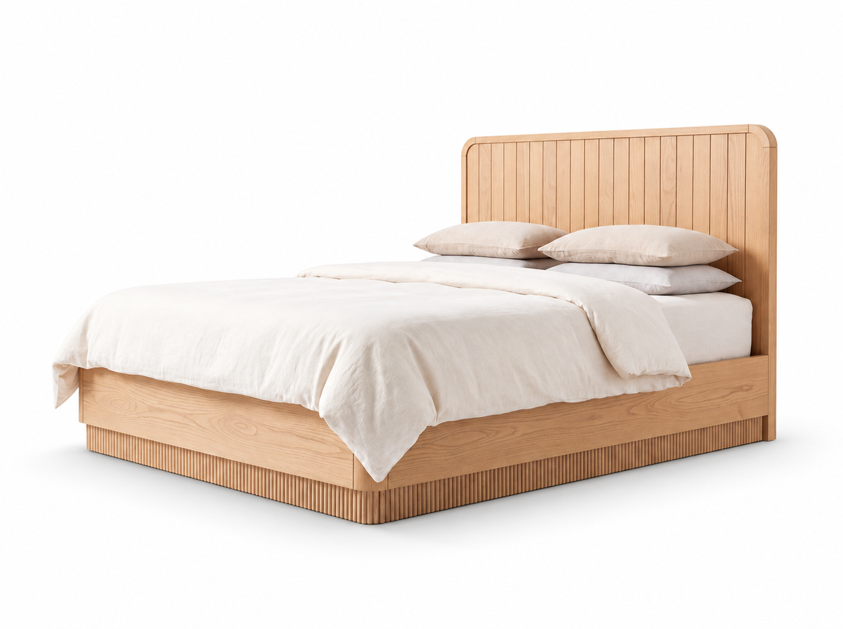 Houston Bed in Nordic White Oak — three-quarter studio render on a white background with a soft contact shadow. Mattress and bedding not included.