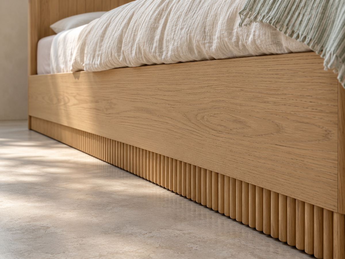 Houston Bed in Nordic White Oak — rendered long side rail and round-reeded base detail. Mattress, bedding and other furnishings not included.