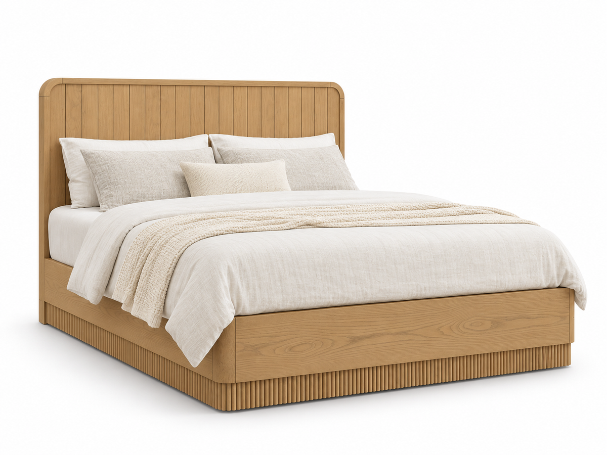 Houston Bed in Nordic White Oak — rendered clean white backdrop, left three-quarter view. Mattress and bedding not included.