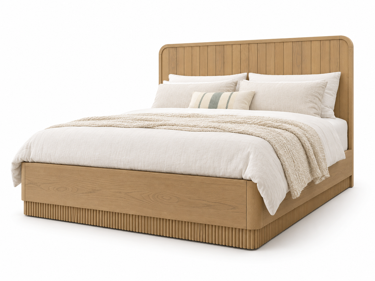 Houston Bed in Nordic White Oak — rendered clean white backdrop, right three-quarter view. Mattress and bedding not included.