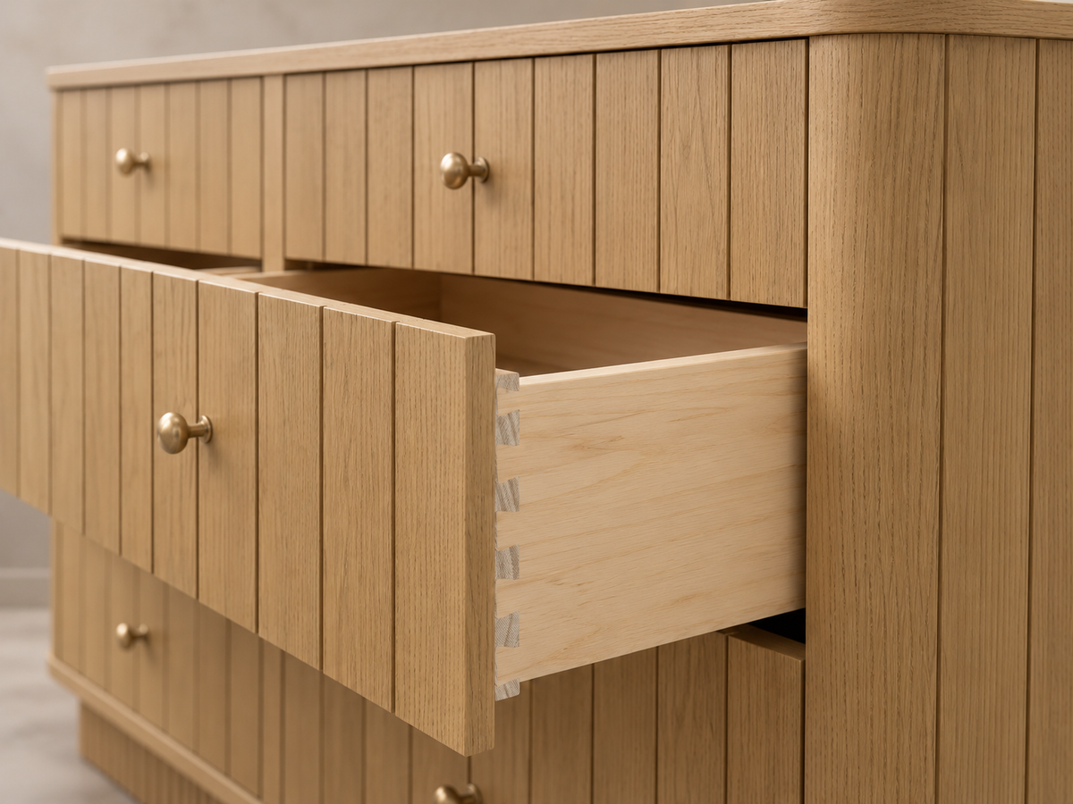 Houston 50-inch dresser in Nordic White Oak — rendered close view of the open drawer and corner construction.