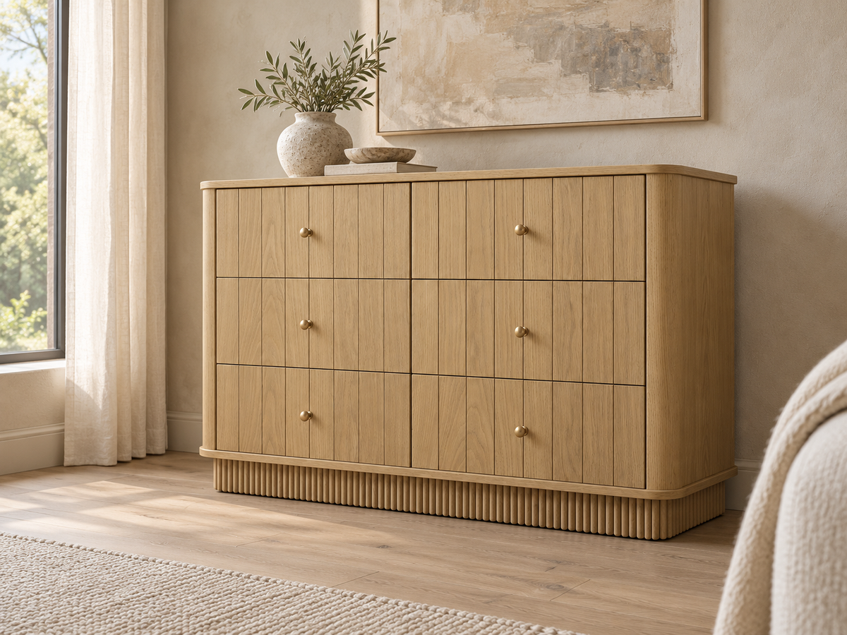 Houston 50-Inch Dresser in Nordic White Oak styled in a bedroom interior
