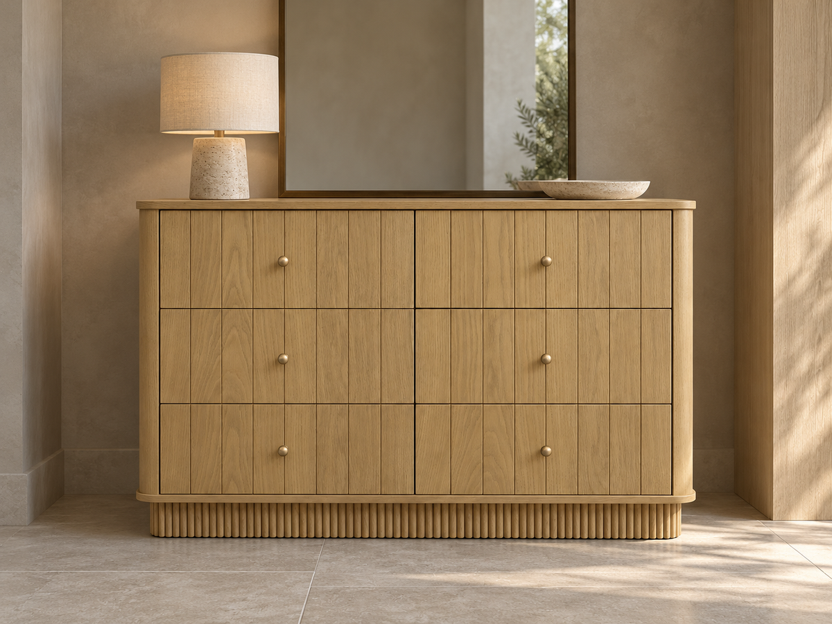 Houston 50-inch six-drawer dresser in Nordic White Oak — alternative rendered interior view.