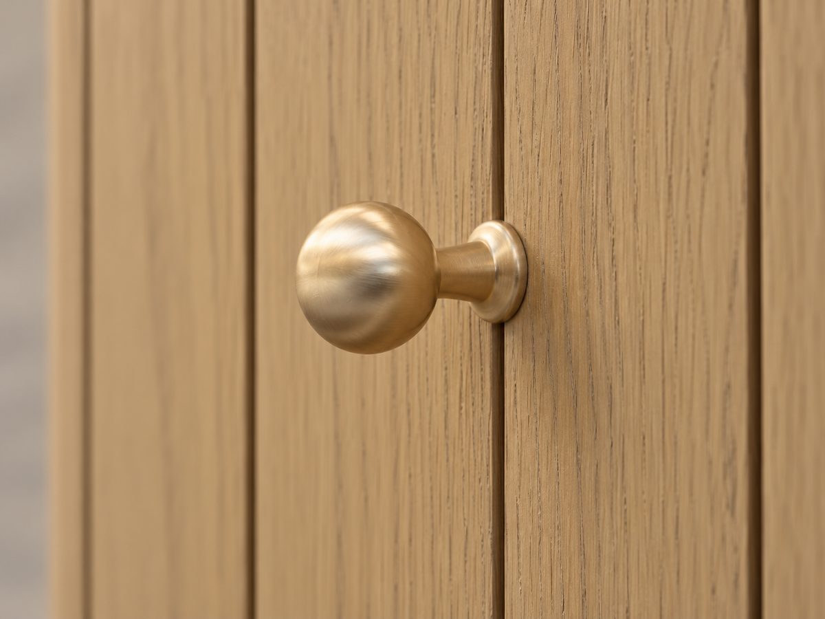 Houston 50-inch dresser in Nordic White Oak — rendered macro of the rounded brass-tone knob mounted at the vertical drawer-front groove.