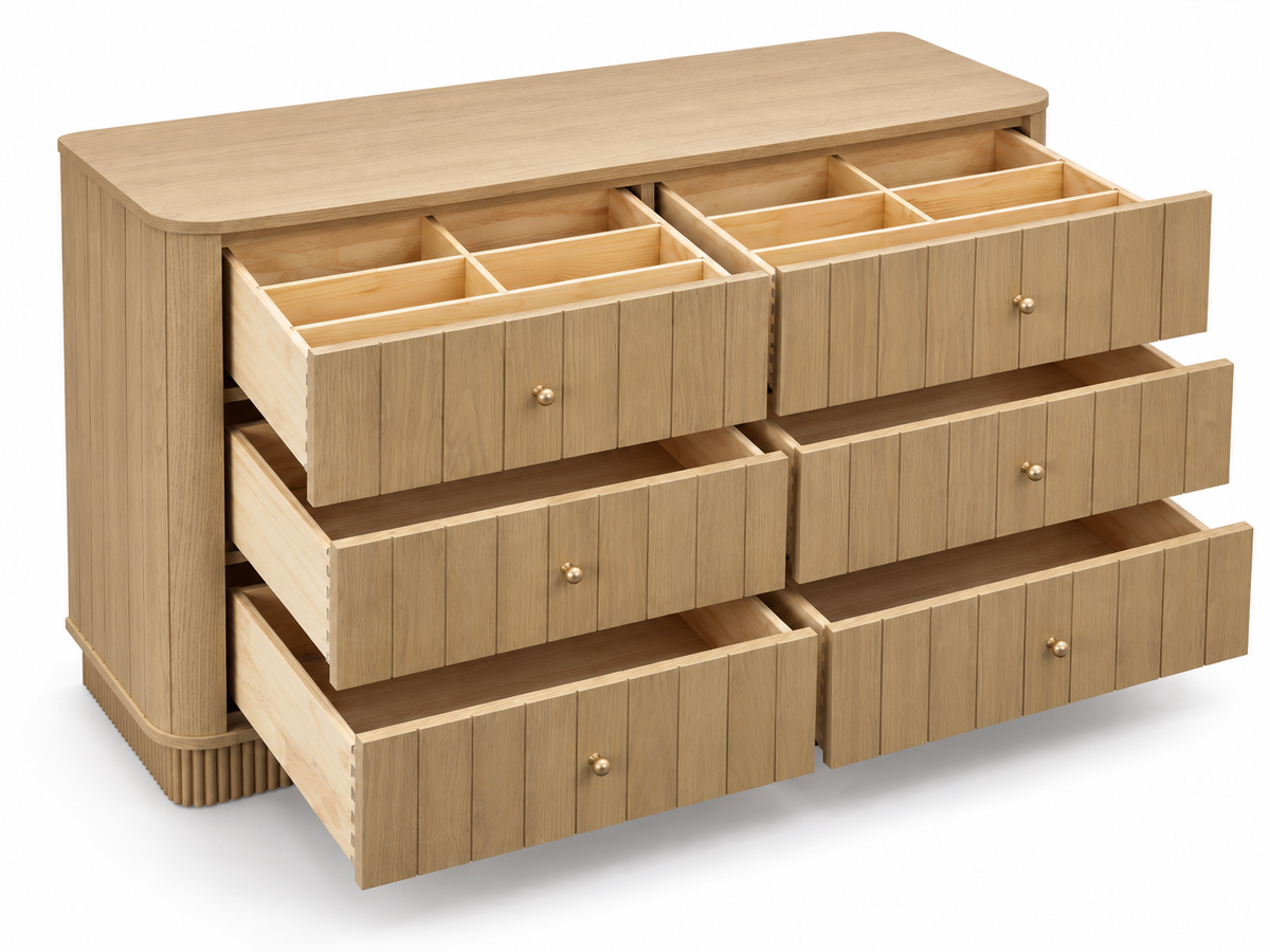 Studio rendering of the Houston 50-inch six-drawer dresser in Nordic White Oak, front-left view with all six drawers open.