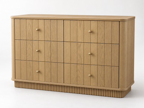 Studio rendering of the Houston 50-inch six-drawer dresser in Nordic White Oak, front-right view.