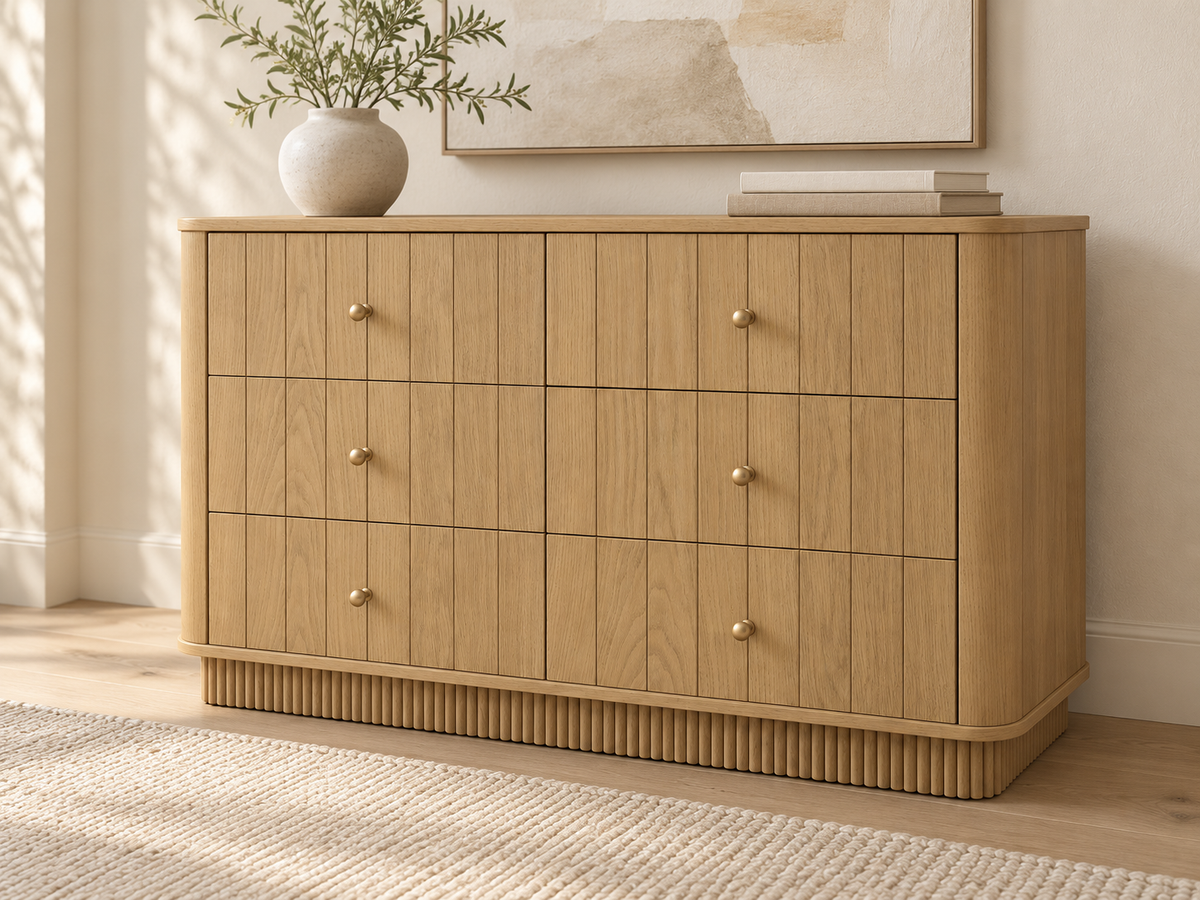 Lifestyle rendering of Houston 50-inch Dresser in Nordic White Oak in a neutral bedroom setting