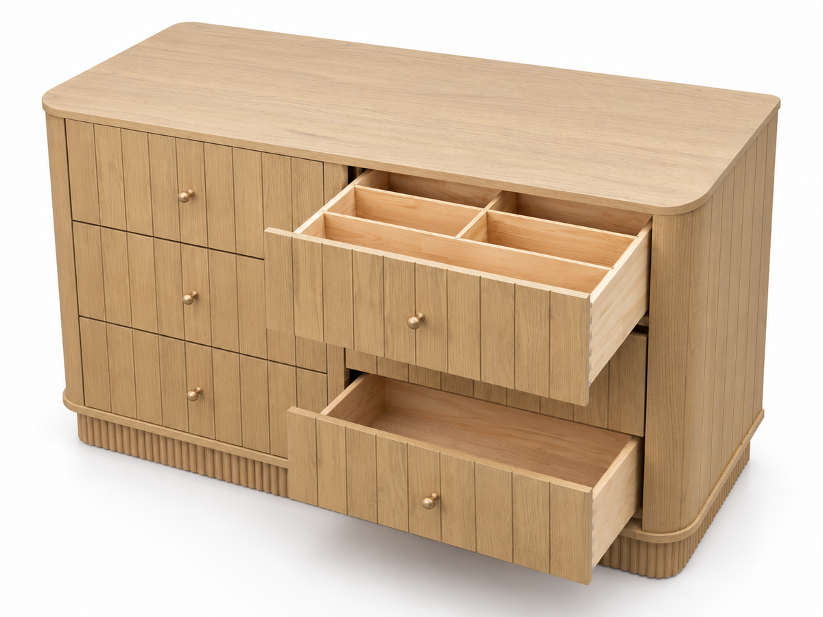 Studio rendering of Houston 50-inch Dresser in Nordic White Oak with an open upper drawer showing its five-compartment organizer