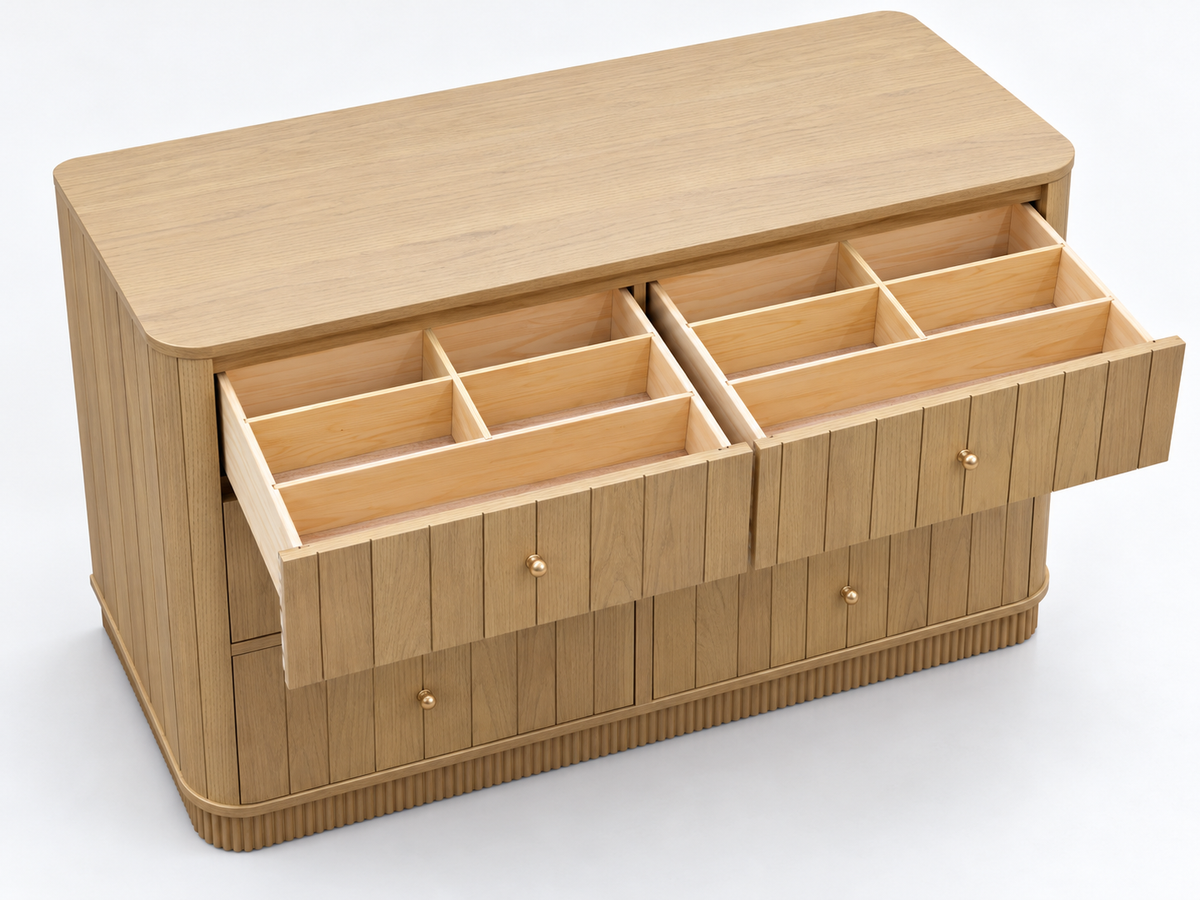 Studio rendering of the Houston 50-inch dresser in Nordic White Oak, elevated view showing five organizer compartments in each upper drawer.